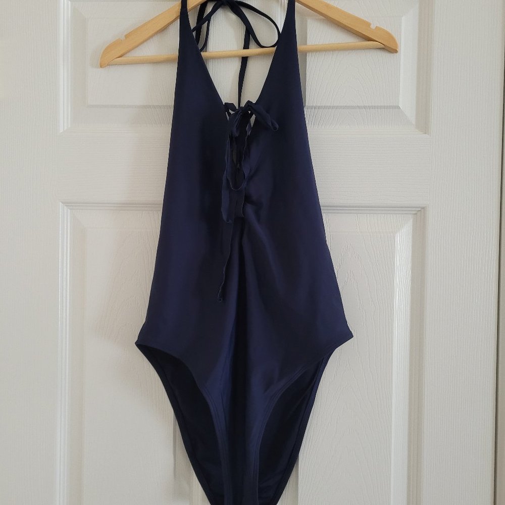 AERIE Navy Blue Lace Up Front Halter One Piece Swimsuit Size Large casual